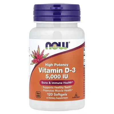 NOW Foods, високоефективний вітамін D3, 125 мкг (5000 МО), 120 капсул